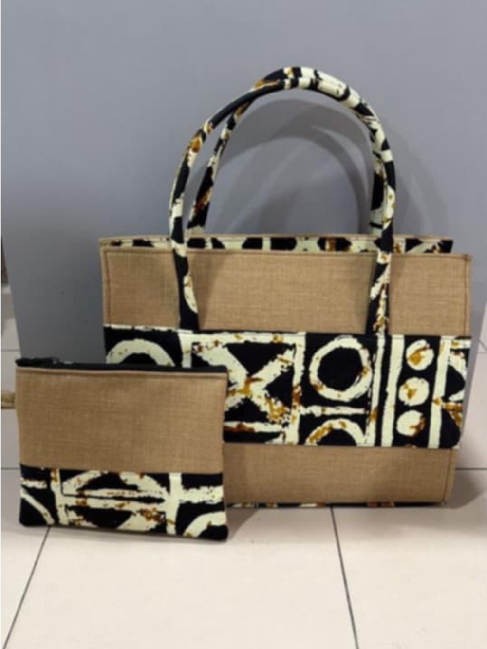 Patterned Neutral & Black Two-Piece Shoulder Tote Set